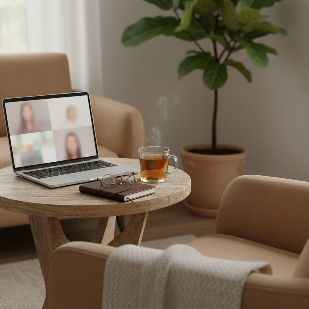 A laptop on a round wooden side table in a calm living room, its screen showing a softly blurred video call interface without visible faces, hinting at a remote psychotherapy session. Beside the laptop lies a closed leather notebook, a pair of reading glasses, and a cup of herbal tea in a transparent glass mug. The environment features a plush, earth-toned armchair, a woven throw, and a tall plant in the background. Soft morning daylight filters in from an unseen window, creating a serene, evenly lit scene. Photographic realism with a slightly elevated angle and balanced composition, evoking the safety and intimacy of online analytic therapy for adult women without depicting any people.