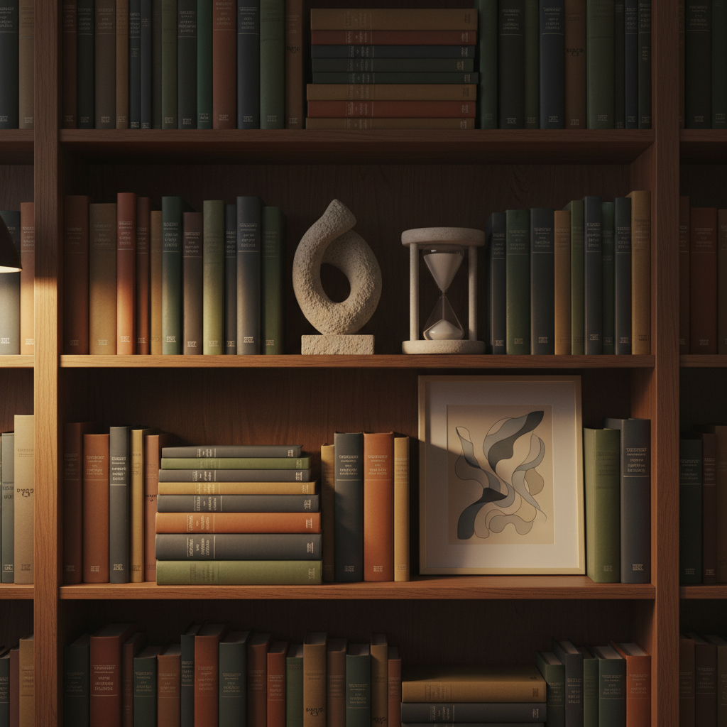 A carefully curated bookshelf in a tranquil study, filled with hardback psychology and philosophy volumes in muted earth tones, some subtly worn at the edges. On one shelf, a small, abstract sculpture resembling an unfolding spiral stands beside a sand-filled hourglass, both in smooth stone textures. A framed, minimalist illustration alluding to the human psyche—no text, just layered organic shapes—leans casually against the books. Warm, indirect lamplight casts gentle, directional light from the left, creating soft shadows and a cozy, reflective mood. Photographic realism, captured straight-on with sharp focus and a slight vignette, communicating depth, introspection, and the sophistication of Jungian analytical work.