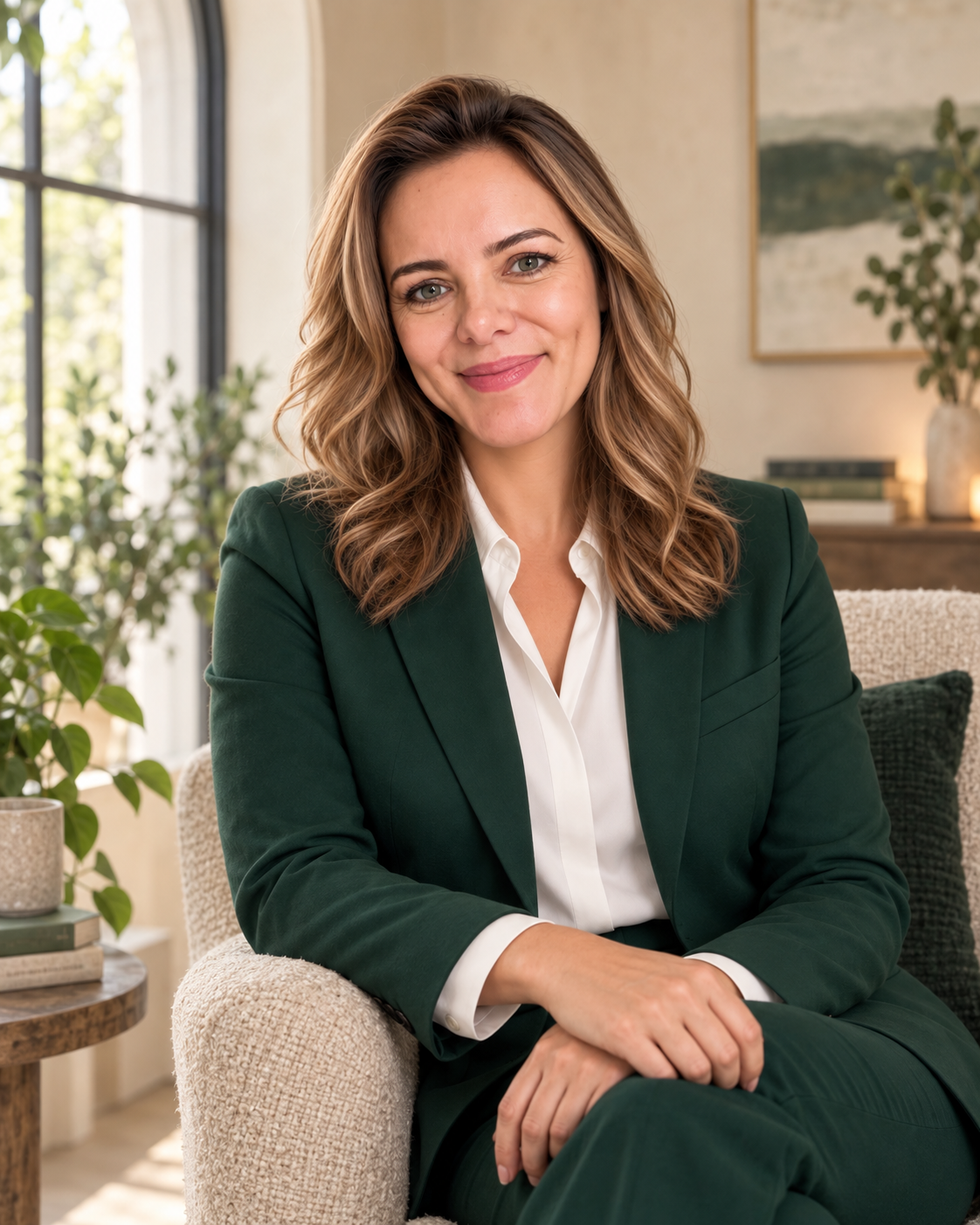 Érica Tenório sentada em uma poltrona clara, de blazer verde, em uma sala com plantas e luz natural