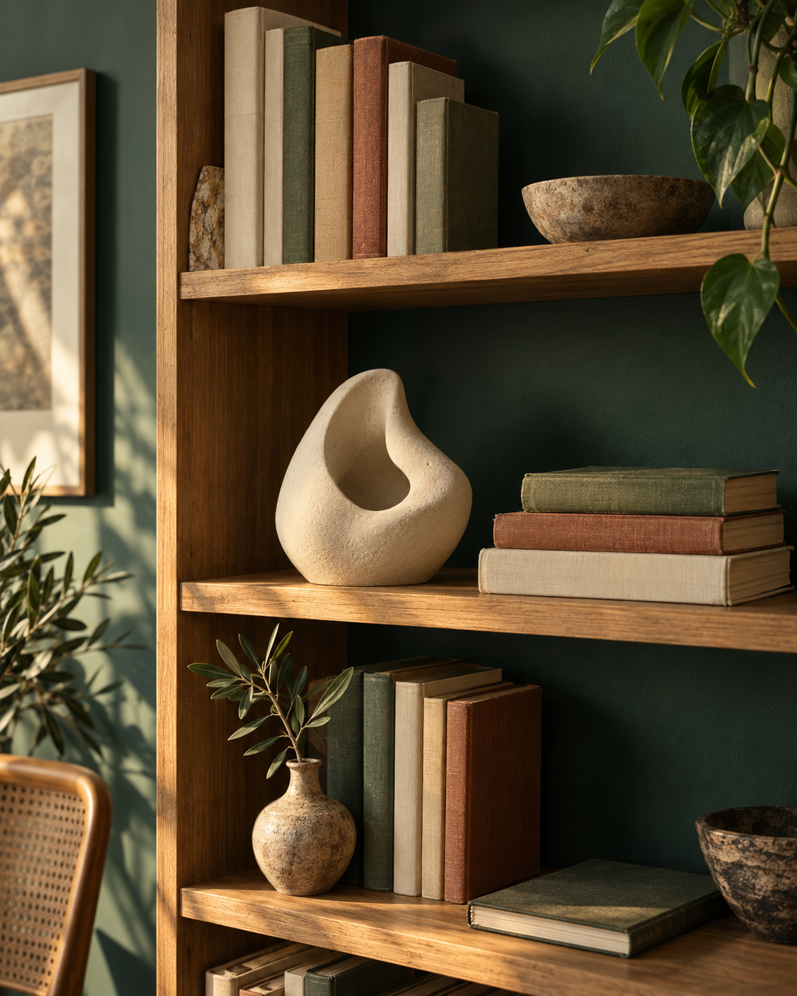 Estante de madeira com livros, uma escultura e plantas, diante de uma parede verde