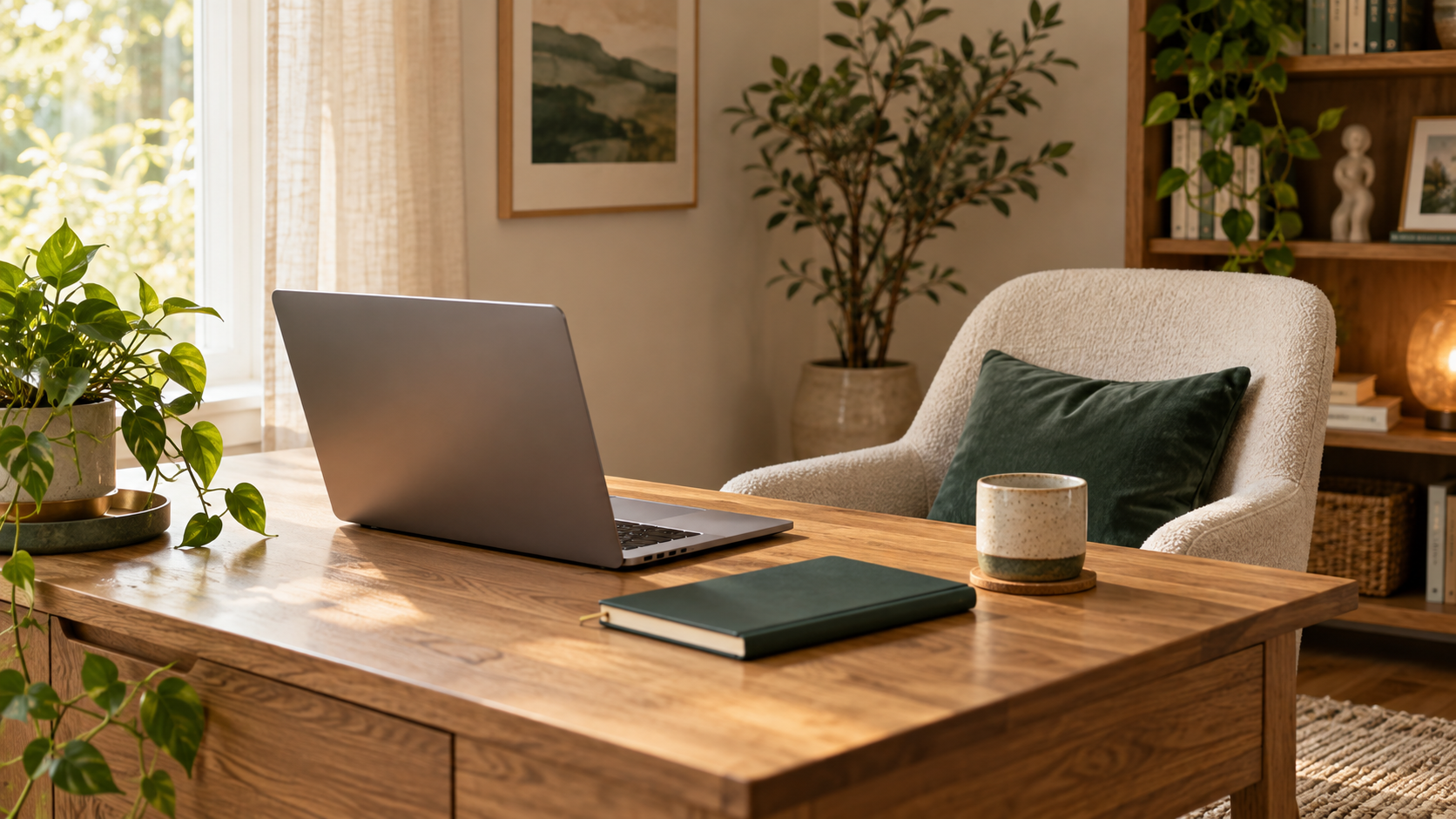 Mesa de trabalho com notebook e caderno ao lado de uma poltrona, em uma sala iluminada com plantas