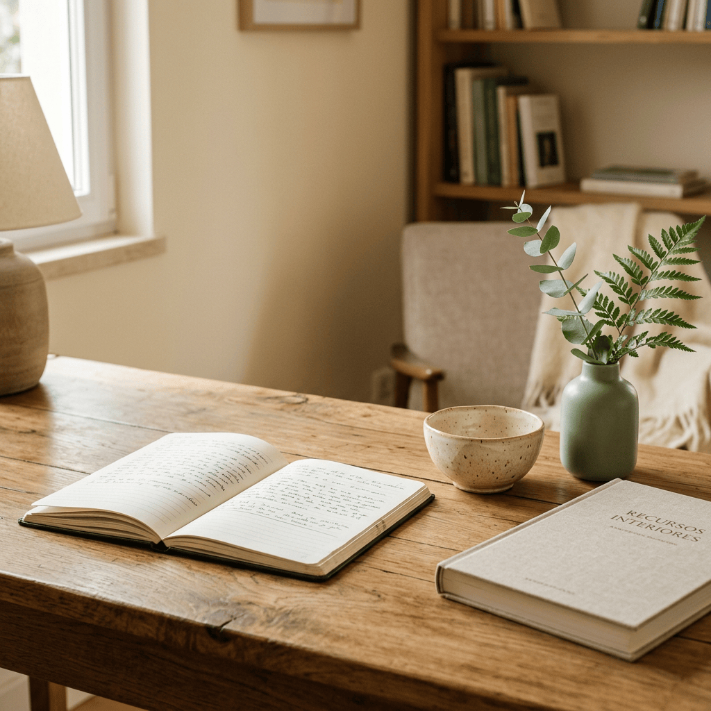 Open notebook beside a book labeled “RECURSOS INTERIORES,” cup, and plant vase