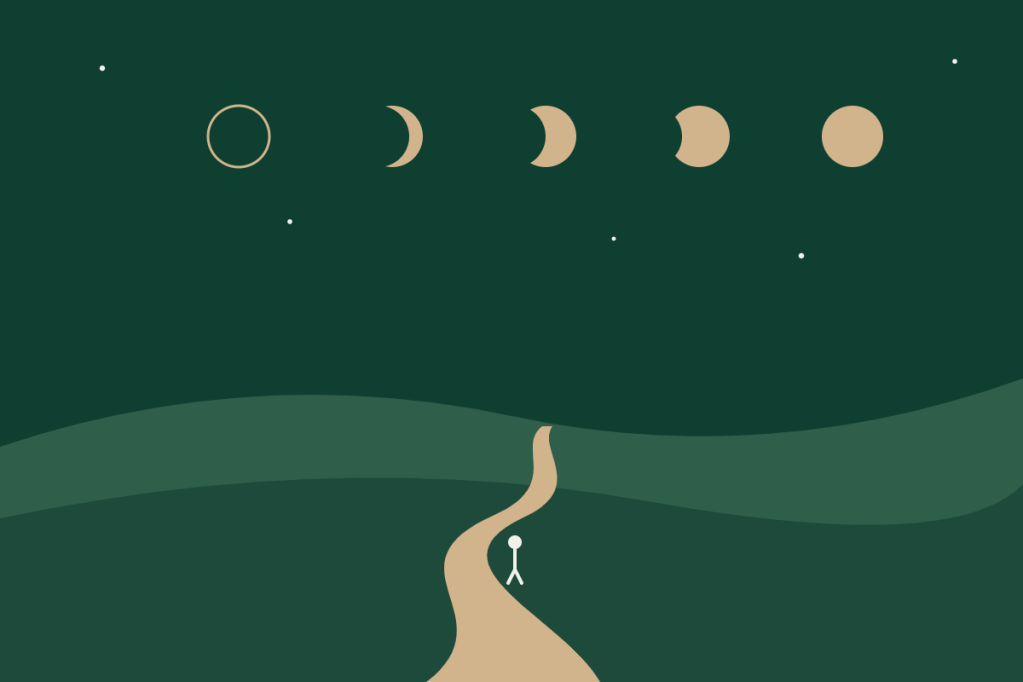 Ilustração das fases da lua sobre colinas e um caminho até o horizonte