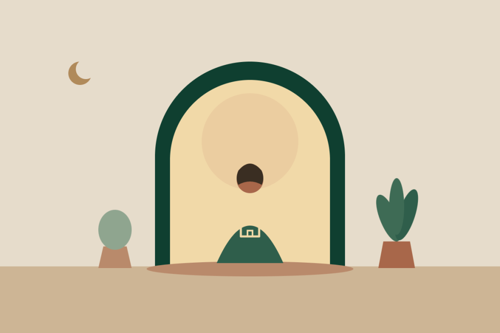 Ilustração de uma mulher sentada dentro de uma porta em arco iluminada, com uma pequena casa desenhada no peito