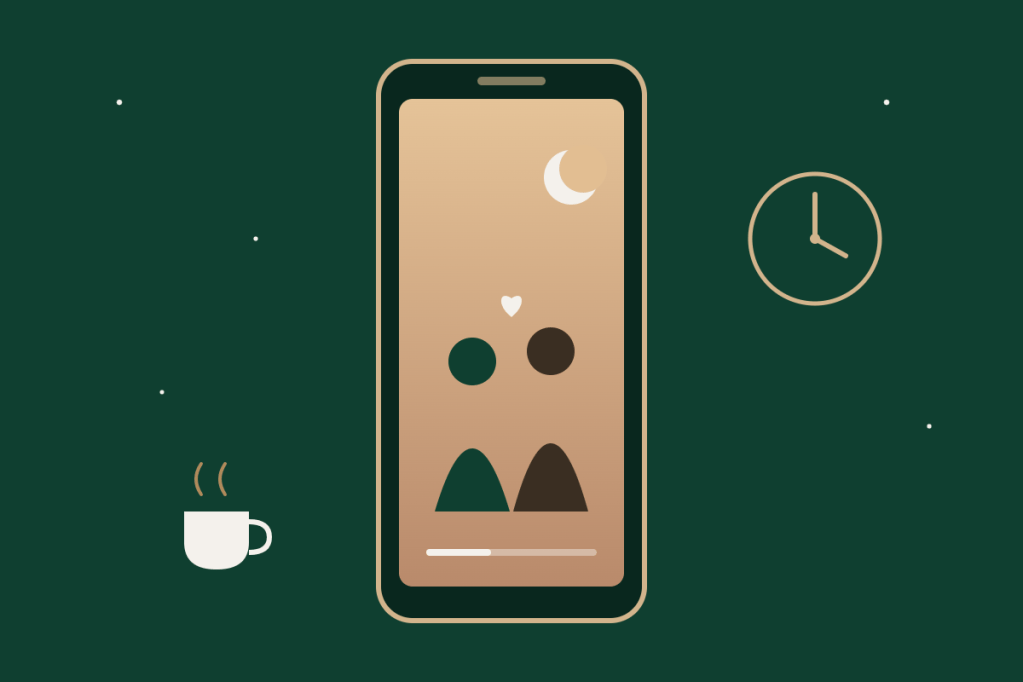 Ilustração de um celular na vertical exibindo uma cena romântica, ao lado de um relógio e de uma xícara