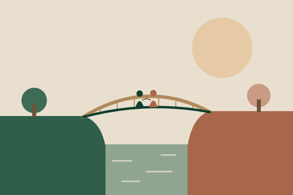 Ilustração de uma ponte ligando dois lados de cores diferentes, com duas pessoas se encontrando no meio